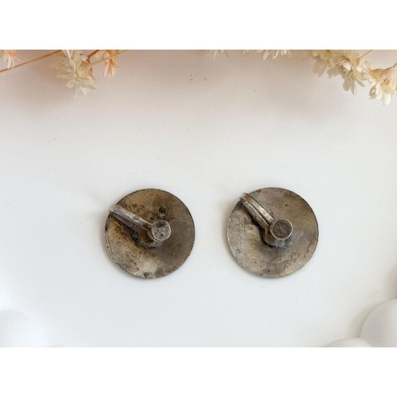 Handmade 30's Antique Courting Couple Sterling Silver Screw Back Vintage Studs - Picture 6 of 8